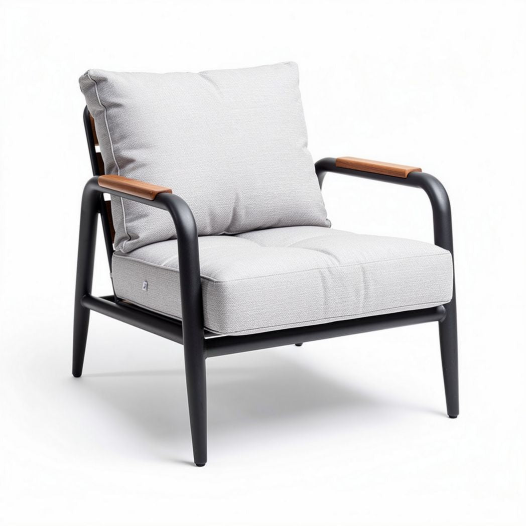 Moderne stoel met kussen van stof en houten armleuningen 80 x 80 x 70cm