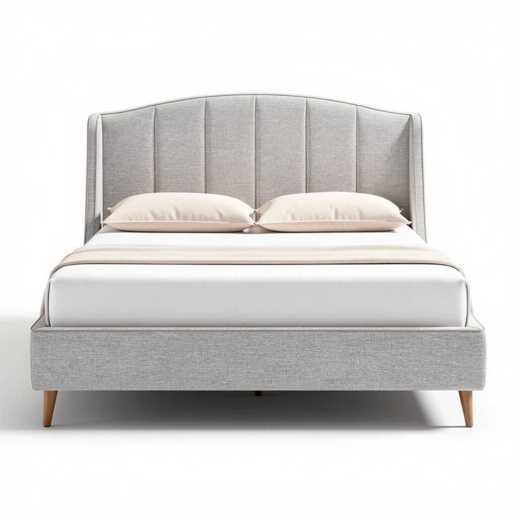 Gestoffeerd bed met hoofdbord en houten poten 200 x 160 x 100cm grijs