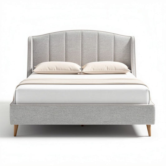 Gestoffeerd bed met hoofdbord en houten poten 200 x 160 x 100cm grijs