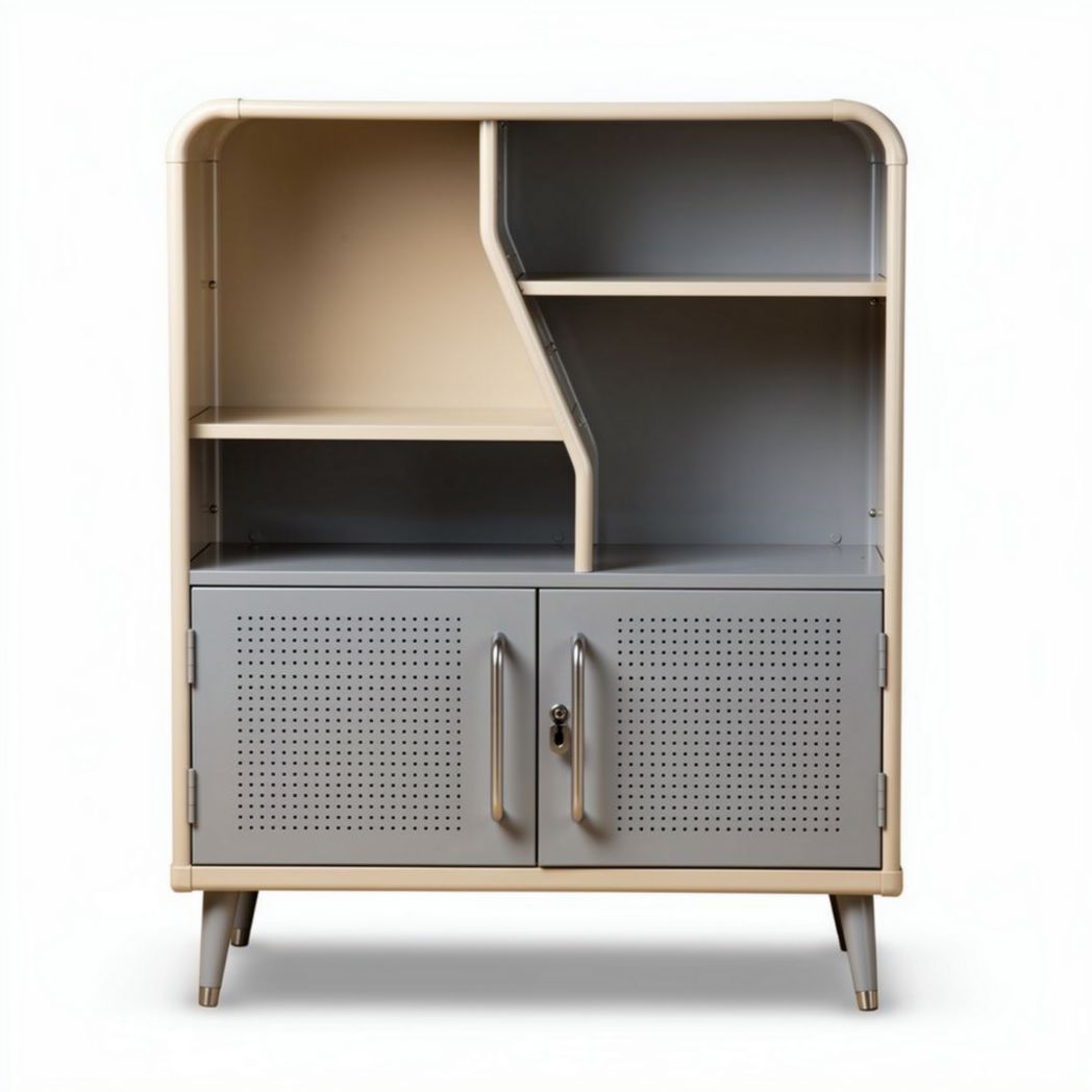 Opbergmeubel met metalen deuren en open vakken 80 x 40 x 100 cm crème en grijs