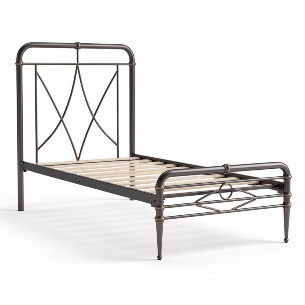 Een metalen bed met een afmeting van 190 x 95 x 100cm in bruin en zwart