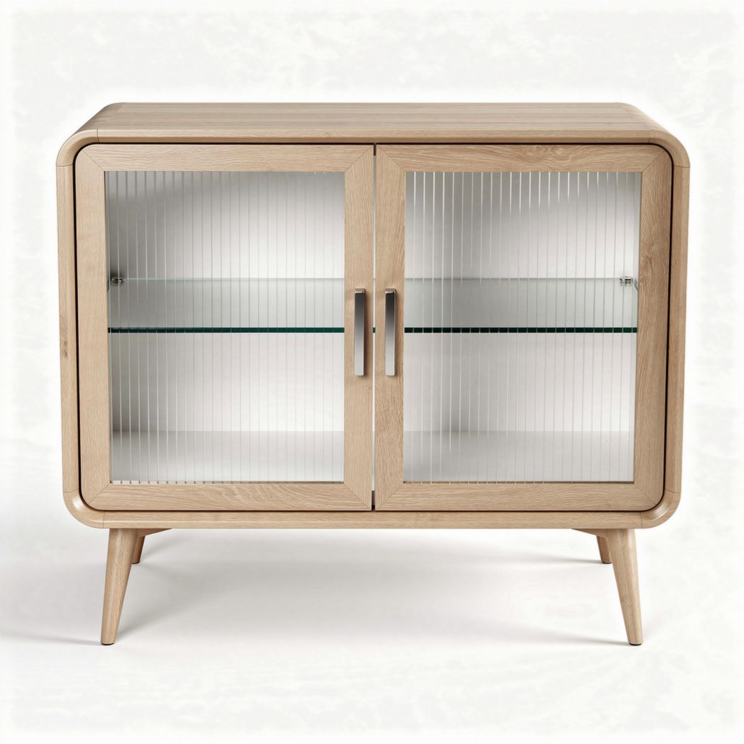 Houten kast met glazen deuren en planken 80 x 40 x 70cm naturel lichtbruin