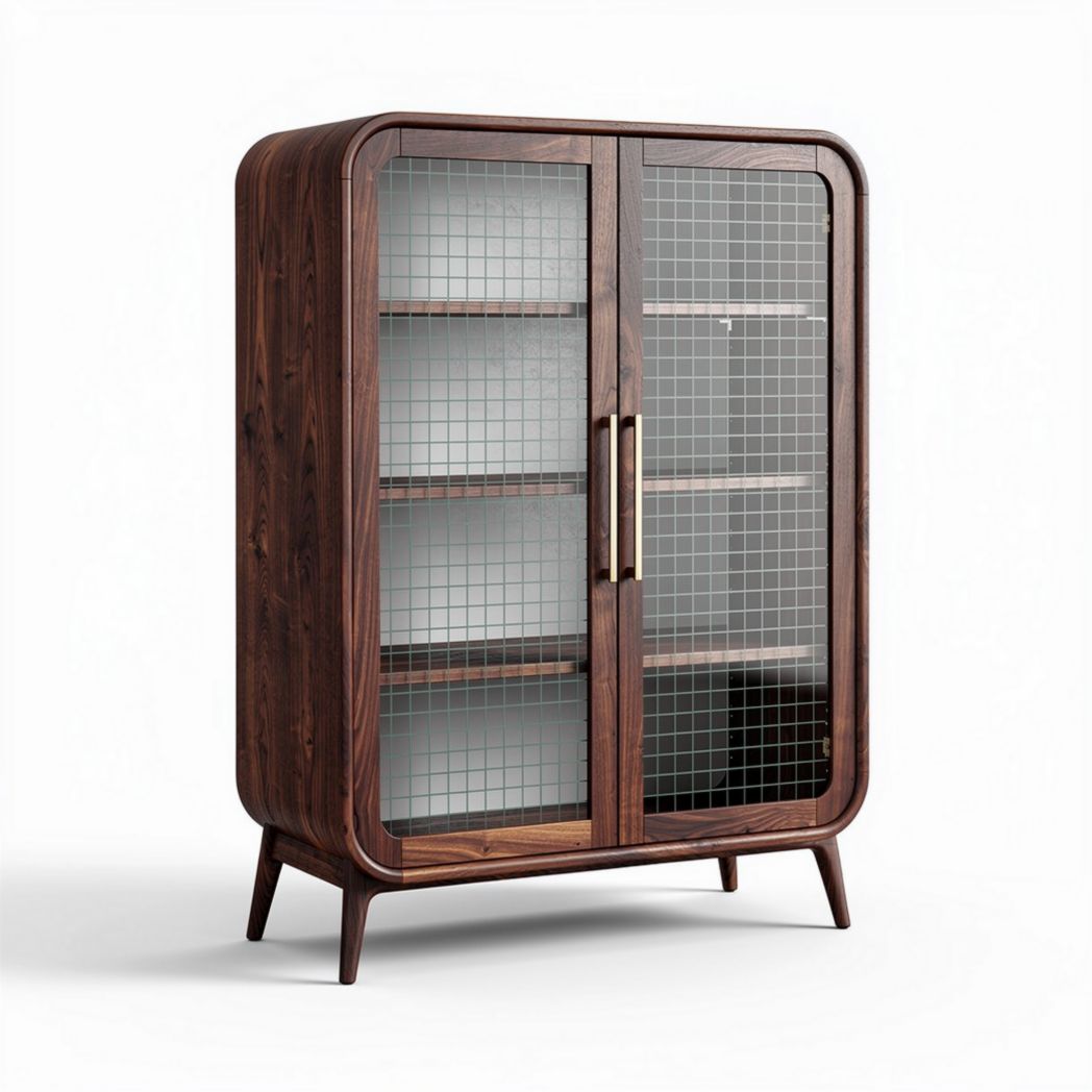 Houten vitrinekast met glazen deuren en metalen gaas 80 x 40 x 120cm
