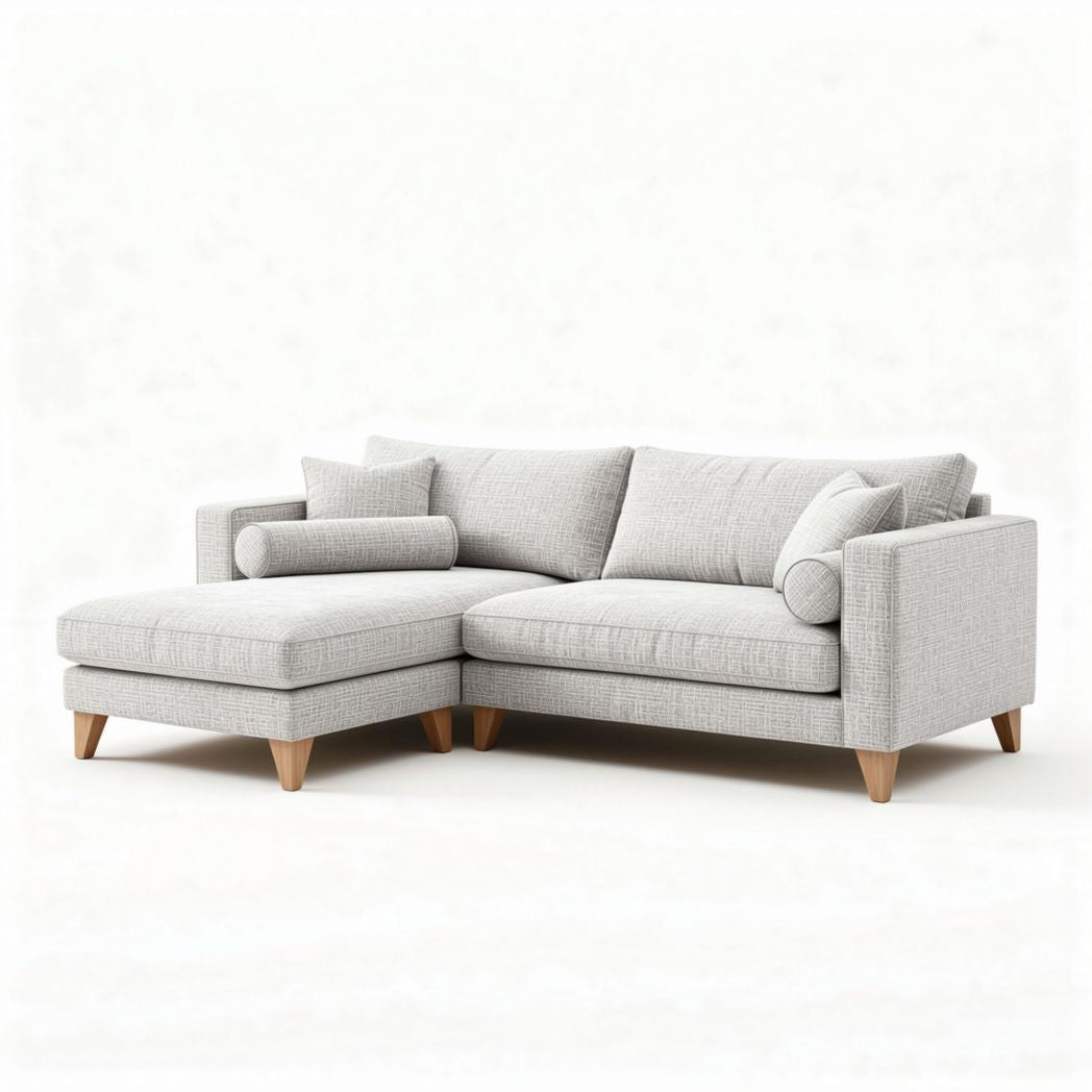 Hoekbank van stof in lichtgrijs met houten poten 200 x 90 x 85cm