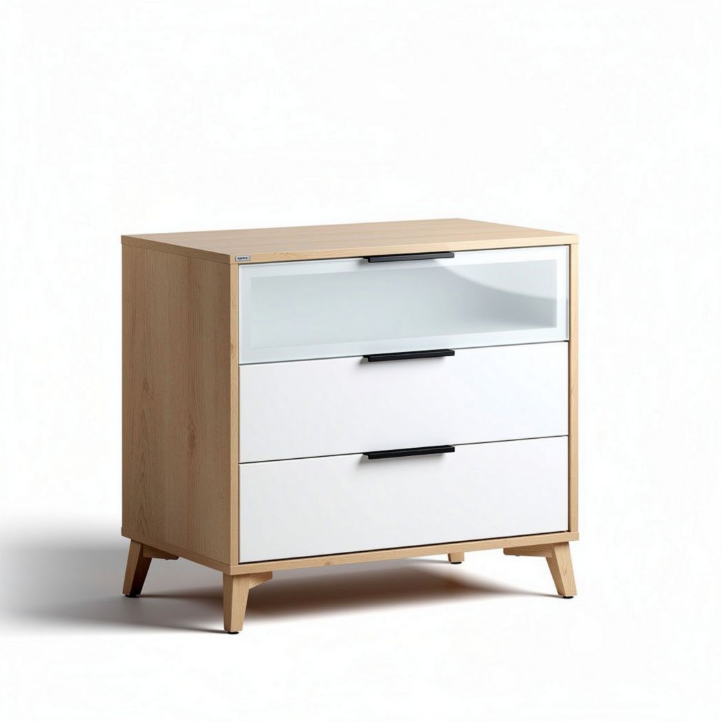 Houten kast met drie lades en glazen front 50 x 40 x 80cm natuurkleur