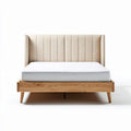 Houten bed met stoffen hoofdbord van 210 x 160 x 100cm in beige