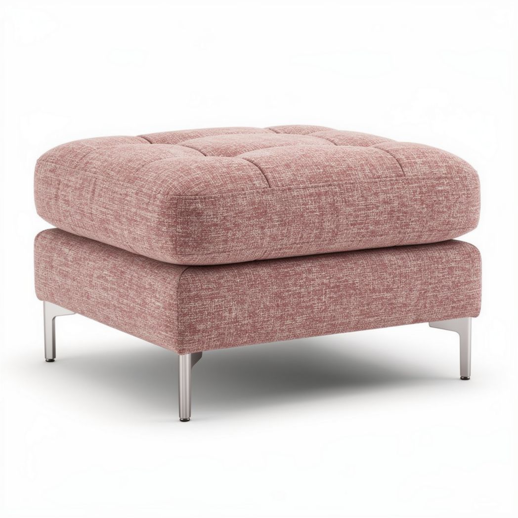 Ottoman in stof met een lichtroze kleur en metalen poten 70 x 70 x 40cm